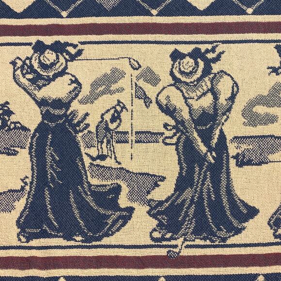 Vintage Victorian Woman Golfer Stroke Swing Throw Blanket Fringe 100% Cotton USA - Picture 1 of 10